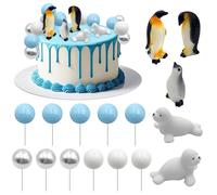 Firleayo Penguin Cake Decorations Seal Cake Topper Arctic Cupcake Topper Polar Animal Figurines Mini Penguin Themed Cake Toppers Blue White Silver Ball Toppers for Birthday Winter Christmas Party