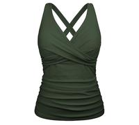 Firpearl Women Underwire Tankini Top Only Twist V Neck Swim Tops for Big Busted Ruched Tummy Control Bathing Suits Top, Deep Army Green, 14