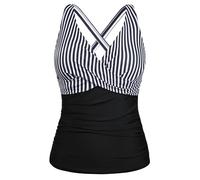 Firpearl Women Underwire Tankini Top Only Twist V Neck Swimsuits for Big Busted Ruched Tummy Control Bathing Suits Top, Black&white Stripe, 14