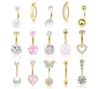 FIRSAUKI 15Pcs Pink Heart Belly Button Ring Piercing 14G Surgical Stainless Steel Navel Piercing Jewelry CZ Opal Pearl Butterfly Clicker Belly Button Rings for Women Gold/Silver, Stainless Steel