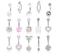 FIRSAUKI 15Pcs Pink Heart Belly Button Ring Piercing 14G Surgical Stainless Steel Navel Piercing Jewelry CZ Opal Pearl Butterfly Clicker Belly Button Rings for Women Gold/Silver, Stainless Steel