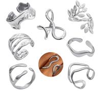 FIRSAUKI Chunky Gold Rings For Women Asymmetrical Wavy Curve Thumb Ring Irregular Open Thick Statement Rings Adjustable Silver Stainless Steel Ring Non Tarnish, Metal, No Gemstone