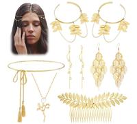 FIRSAUKI Greek Goddess Costume Accessories Set for Women Grecian Golden Laurel Leaf Headpiece Arm Cuff Bridal Wedding Earrings Halloween Roman Toga Costume Jewelry, adjustable, Metal, Rhinestone