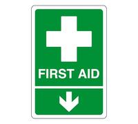 First aid arrow down - safety sign - AED sign, first aid stickers, first aid kit - High tack self-adhesive sticker (300mm x 200mm) Viewing Distance within 7m.