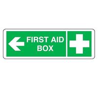 First Aid Box arrow left - safety sign - High tack self-adhesive sticker (150mm x 50mm) Viewing Distance within 3m.