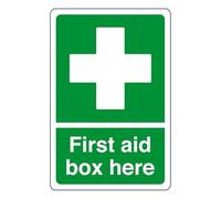 First aid box here - safety sign - AED sign, first aid stickers, first aid kit - 1.2mm Rigid plastic for indoor/outdoor usage (150mm x 100mm) Viewing Distance within 3m.