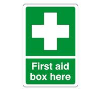 First aid box here - safety sign - AED sign, first aid stickers, first aid kit - High tack self-adhesive sticker (200mm x 150mm) Viewing Distance within 5m.
