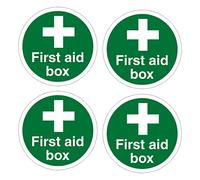 First Aid Box Safety Sign, 100mm Diameter, Self-Adhesive Vinyl Stickers, Pack of (4)