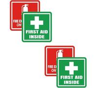 First Aid & Fire Extinguisher Sticker Safety Sign Vinyl Decal for Workplace, Vehicles, Shops & Toolboxes Emergency Label 4Packs