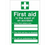 First Aid 'In the event of an accident' (Blank Spaces For Marker Pen) Sign 200x300 Self Adhesive