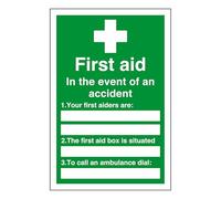 First aid in the event of an accident - white box - safety sign - 1.2mm Rigid plastic for indoor/outdoor usage (150mm x 100mm) Viewing Distance within 3m.