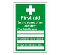 First aid in the event of an accident - white box - safety sign - High tack self-adhesive sticker (200mm x 150mm) Viewing Distance within 5m.