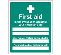 First Aid In the event of an accident Your first aiders are (blank x2), Your nearest first aid box is situated (blank), For urgent medical assistance call (blank) (semi rigid pvc safety sign)