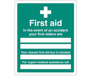 First Aid In the event of an accident Your first aiders are (blank x2), Your nearest first aid box is situated (blank), For urgent medical assistance call (blank) (self adhesive vinyl safety label)