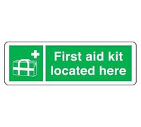First Aid Kit Located Here - safety sign - High tack self-adhesive sticker (150mm x 50mm) Viewing Distance within 3m.