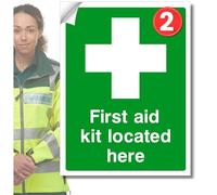 First Aid kit Located here Safety Signs Self adhesive vinyl stickers 2pc or 4pc Health and safety compliant, Waterproof-Oil proof First aid sticker signs, Suitable for all areas