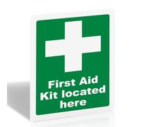 First Aid Kit Located Here Sign 200mm x 150mm - Self-Adhesive Vinyl Safety Sticker for Indoor Outdoor Use, UV Matte Finish, BS 5499 Compliant Emergency Location Label