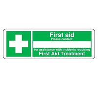 First Aid Please Contact For Assistance - safety sign - High tack self-adhesive sticker (150mm x 50mm) Viewing Distance within 3m.