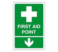 First aid point arrow down - safety sign - AED sign, first aid stickers, first aid kit - High tack self-adhesive sticker (150mm x 100mm) Viewing Distance within 3m.