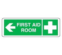 First Aid Room arrow left - safety sign - High tack self-adhesive sticker (150mm x 50mm) Viewing Distance within 3m.