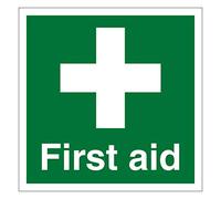 First aid safety sign Green sign with cross and text Self adhesive vinyl sticker 120mm x 120mm Ideal for on first aid cabinets boxes and kits (10)