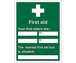 First Aid Sign First Aider Adhesive Plastic 30 x 20 cm