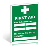 First Aid Sign with Writable Contact and First Aid Box Location - 400mm x 300mm 1mm PVC - Weatherproof Emergency Safety Board with Pre-Drilled Holes and Self-Adhesive Back