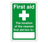 First aid the location of the nearest first aid box is - safety sign - 1.2mm Rigid plastic for indoor/outdoor usage (150mm x 100mm) Viewing Distance within 3m.