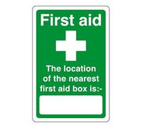 First aid the location of the nearest first aid box is - safety sign - High tack self-adhesive sticker (150mm x 100mm) Viewing Distance within 3m.