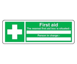 First Aid The Nearest First Aid Box Is Situated - Person In Charge - safety sign - 1.2mm Rigid plastic for indoor/outdoor usage (300mm x 100mm) Viewing Distance within 5m.