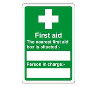 First aid the nearest first aid box is situated - safety sign - High tack self-adhesive sticker (300mm x 200mm) Viewing Distance within 7m.