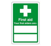 First aid your first aiders are "white box" - safety sign - 1.2mm Rigid plastic for indoor/outdoor usage (200mm x 150mm) Viewing Distance within 5m.