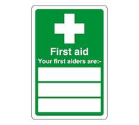 First aid your first aiders are "white box" - safety sign - High tack self-adhesive sticker (300mm x 200mm) Viewing Distance within 7m.