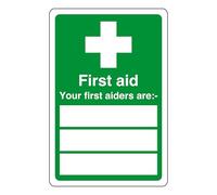 First aid your first aiders are "white box" - safety sign - High tack self-adhesive sticker (600mm x 400mm) Viewing Distance within 20m.