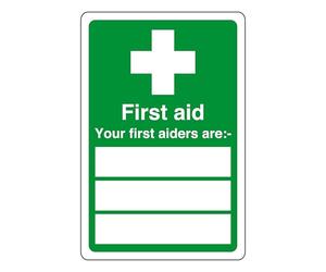 First aid your first aiders are "white box" - safety sign - High tack self-adhesive sticker (600mm x 400mm) Viewing Distance within 20m.