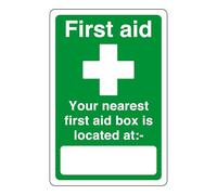 First aid your nearest first aid box is located at - safety sign - 1.2mm Rigid plastic for indoor/outdoor usage (200mm x 150mm) Viewing Distance within 5m.