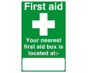 First aid your nearest first aid box is located at - safety sign - 1.2mm Rigid plastic for indoor/outdoor usage (150mm x 100mm) Viewing Distance within 3m.