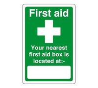 First aid your nearest first aid box is located at - safety sign - High tack self-adhesive sticker (150mm x 100mm) Viewing Distance within 3m.