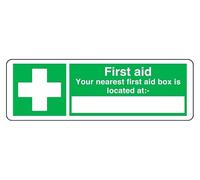 First Aid Your Nearest First Aid Box Is Located At - safety sign - High tack self-adhesive sticker (450mm x 150mm) Viewing Distance within 7m.