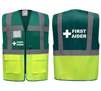 First Aider Superior Green/Yellow Hi Vis Zipped Safety Vest - High Visibility Waistcoat with Reflective Bands for Company Compliance First Aid & Medical Staff, Brook Hi Vis (Green/Yellow, Medium)