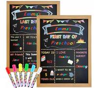 First and Last Day of School Sign 12"x16" - Double-Sided Chalkboard with Solid Wood Frame, Reusable Back to School Board for All Grades Students, Includes 6 Colorful Dry Erase Liquid Markers