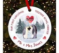 First as Married Mr Mrs Penguin Personalised Christmas Tree Ornament Decoration