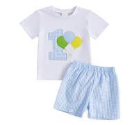 First Birthday Baby Boy Outfit Letter Balloon Embroidered Short Sleeve T-Shirts Shorts Baby Boys Summer Clothes Set (White, 12-18 Months)