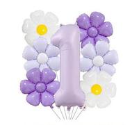 First Birthday Balloons, 1st Birthday Decorations for Girls, Princess Balloons, Aluminium Foil Balloon 40 Inch with Lilac/Deep Purple & White Daisy Flowers, Party Supplies for Girls Baby Shower, 7PCS