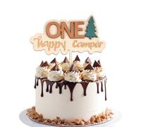 First Birthday Cake Topper, Wooden One Cupcake Topper 1st Birthday Party Decoration Cake Number Photo Props Happy Camper Party Decor for Baby Shower Anniversary