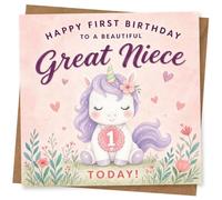 First Birthday Card for Great Niece, Cute Unicorn Design, 'Happy First Birthday to a Beautiful Great Niece Today!'