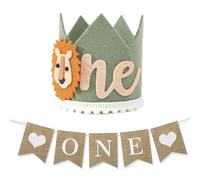 First Birthday Decorations Boy,1st Birthday Hat,Comes with 1 Set of Imitation Linen Lanyard,Carnival Lion Theme,Suitable for Children's Party Supplies (Light Green)