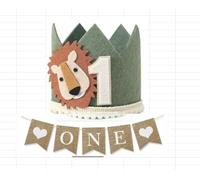 First Birthday Decorations Boy,1st Birthday Hat,Comes with 1 Set of Imitation Linen Lanyard,Carnival Lion Theme,Suitable for Children's Party Supplies (Light Green)
