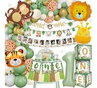 First Birthday Decorations for Boy, Wild One Birthday Decorations with 1st Jungle Safari Animal Balloons Arch, Photo Banner, Balloon Box Highchair Banner Cake Topper, 1st Jungle Party Decorations