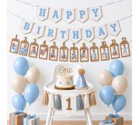 First Birthday Decorations for Boy with Banners, Hat, Balloons, Cake Topper | Pre-Strung Pastel Blue 1st High Chair Banner Birthday Hat 12-Month Photo Banner for One Year Old Party Decorations